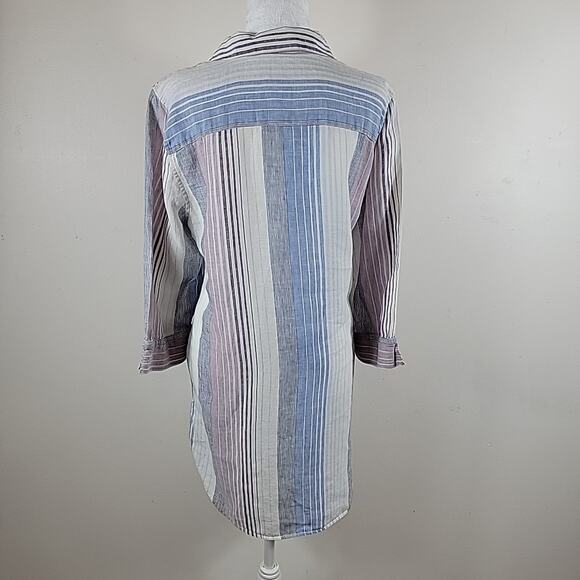 Chicos Linen Top Womens 2 White Pin Stripes Button Down No Iron Coastal Nautical - Picture 4 of 12